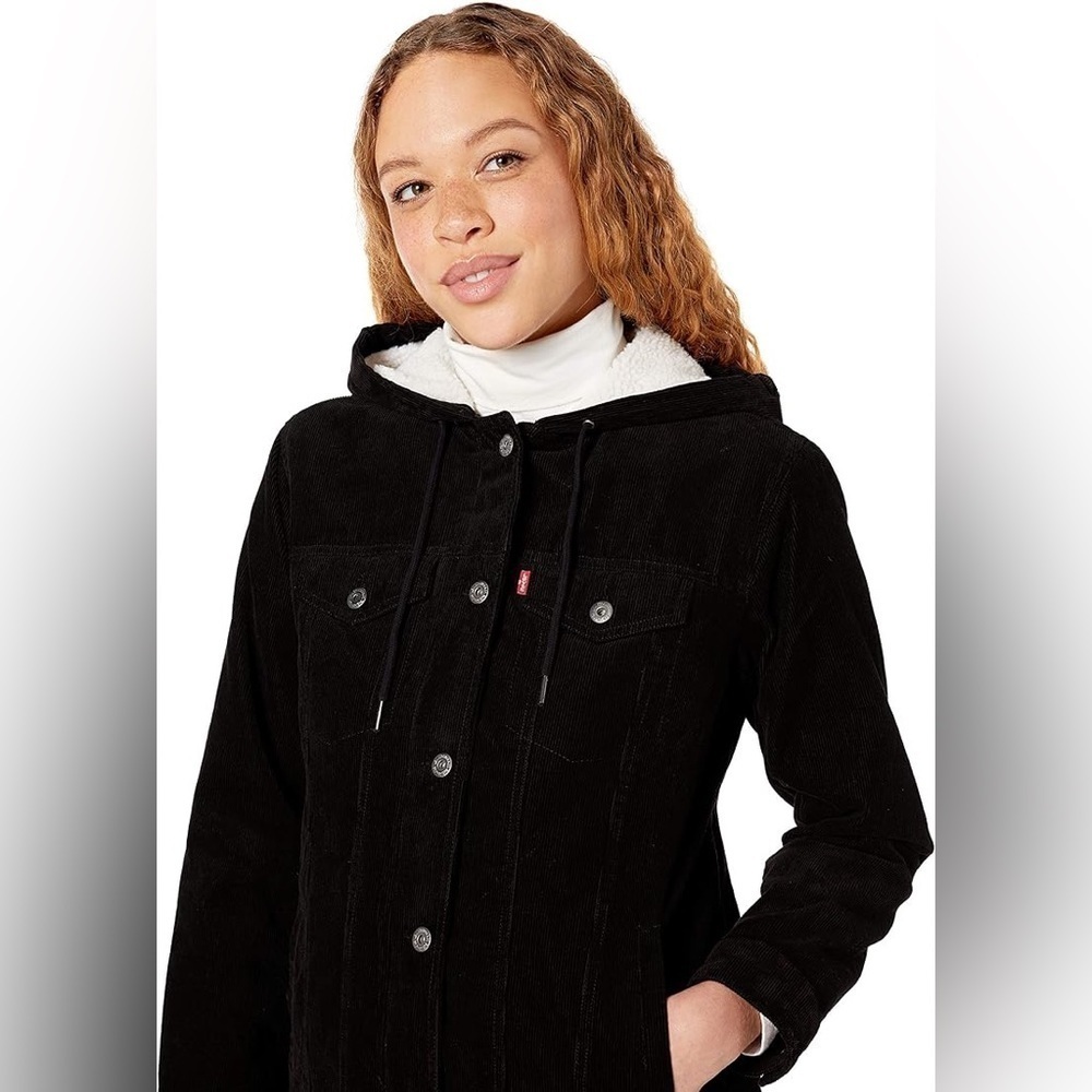 Levi's black Women's The Mia Corduroy Hooded Sherpa Trucker zip button Jacket - Picture 5 of 9